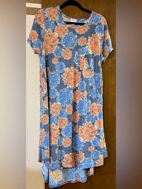 LuLaRoe Carly Blue and Coral Floral Crewneck Dress